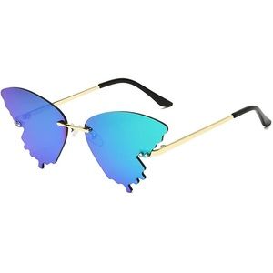 Blue-green mirrored butterfly wings sunglasses with gold frames